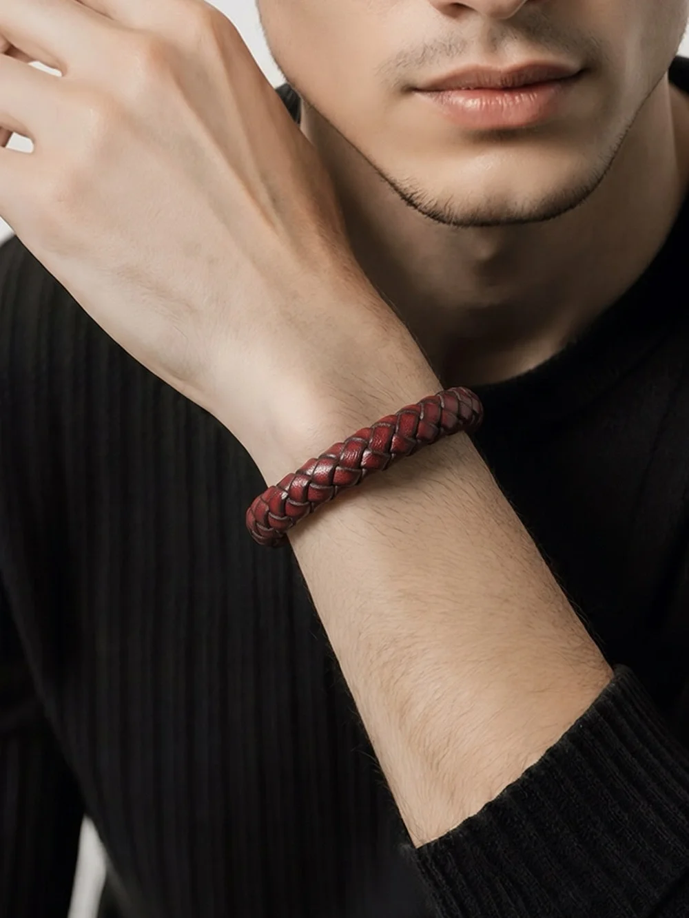 Braided Leather Men's Bracelet - burgundy leather☑️